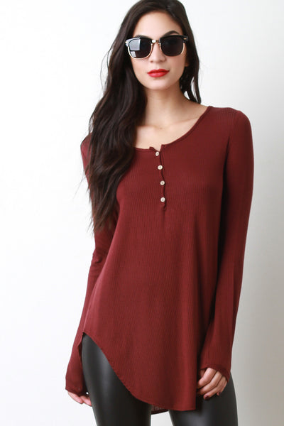 Half Placket Ribbed Knit Top