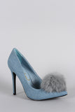 Privileged Faux Fur Pom Pom Denim Pointy Toe Stiletto Pump