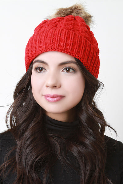 Faux Fur Pom Double Weft Knit Beanie