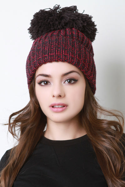 Marled Pom Braided Knit Beanie