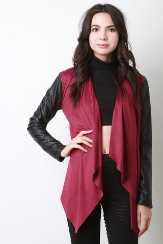 Suede and Vegan Leather Asymmetrical Cardigan