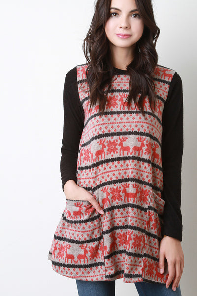 Reindeer Contrast Long Sleeves Top