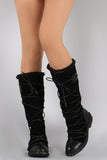 Faux Fur Cuff Strappy Lace Tie Round Toe Knee High Boots