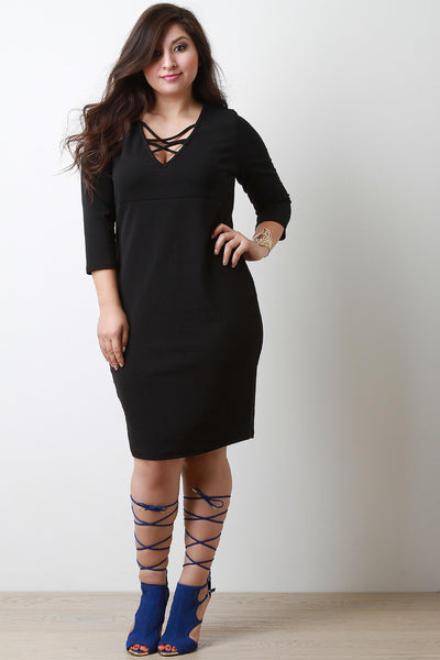 Crisscross V-Neck Quarter Sleeves Midi Dress