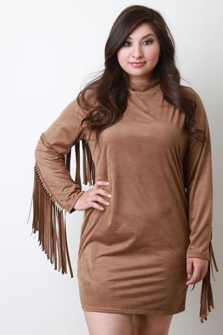 Faux Suede Fringe Sleeve Mini Dress