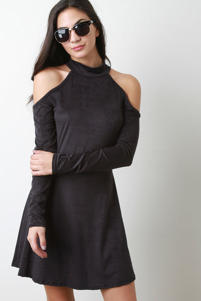 Faux Suede Cold Shoulder Skater Dress