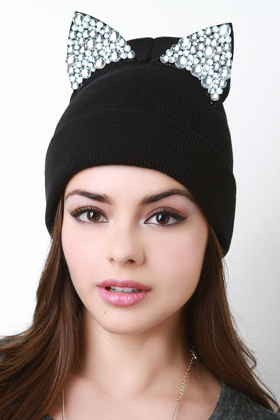 Rhinestone Cat Ear Beanie