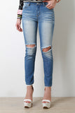 Stone Wash Knee Cutout Denim Jeans