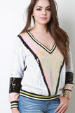 V-Sequined Striped Trim Top