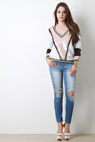 V-Sequined Striped Trim Top