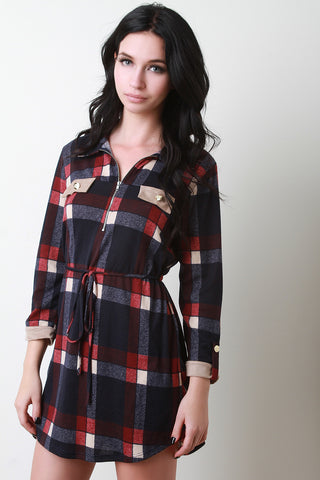 Crest Buttons Flannel Shirt Dress