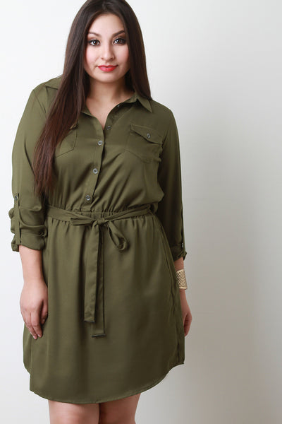 Button-Up Self-Tie Long Sleeve Dress