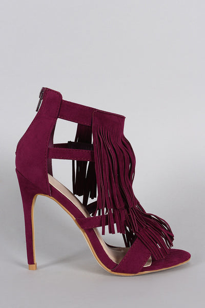 Tiered Fringe Front Suede Open Toe Heel