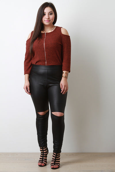 High Waisted Knee Slits Vegan Leather Leggings