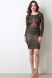 Mesh Panel Metallic Accent Long Sleeve Dress