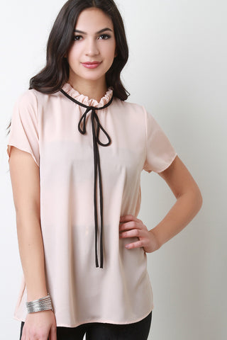 Semi-Sheer Tie Ruffle Neck Top